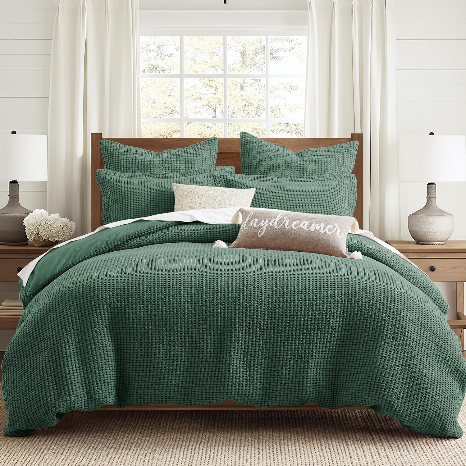 Levtex Home Mills Waffle Queen Duvet Cover Set (90x94in) with 2 Pillow Shams (26x20in) - Forest Green - 100% Cotton Queen Size Duvet Cover Set - Soft, Pre-Washed
