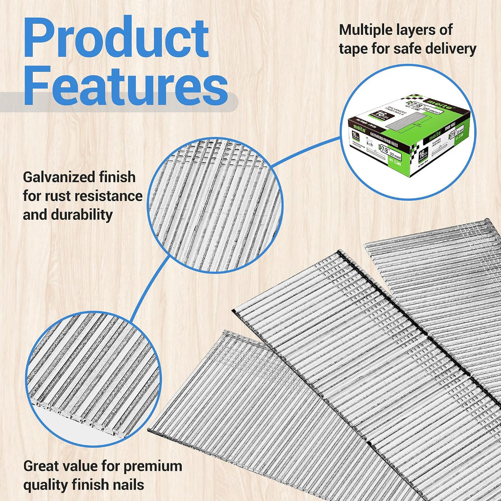 meite 16 Gauge Finish Nails 7/8 Inch Galvanized Straight Finishing Nails for Finish Nailer Gun Window Casing Baseboard Crown Molding, 1 Case/45,000PCS
