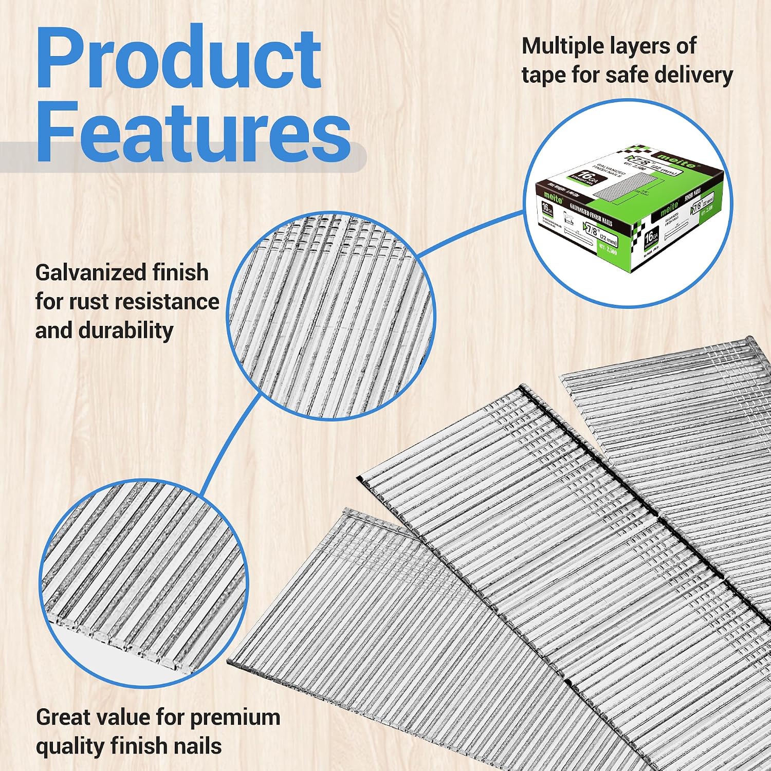 meite 16 Gauge Finish Nails 7/8 Inch Galvanized Straight Finishing Nails for Finish Nailer Gun Window Casing Baseboard Crown Molding, 1 Case/45,000PCS