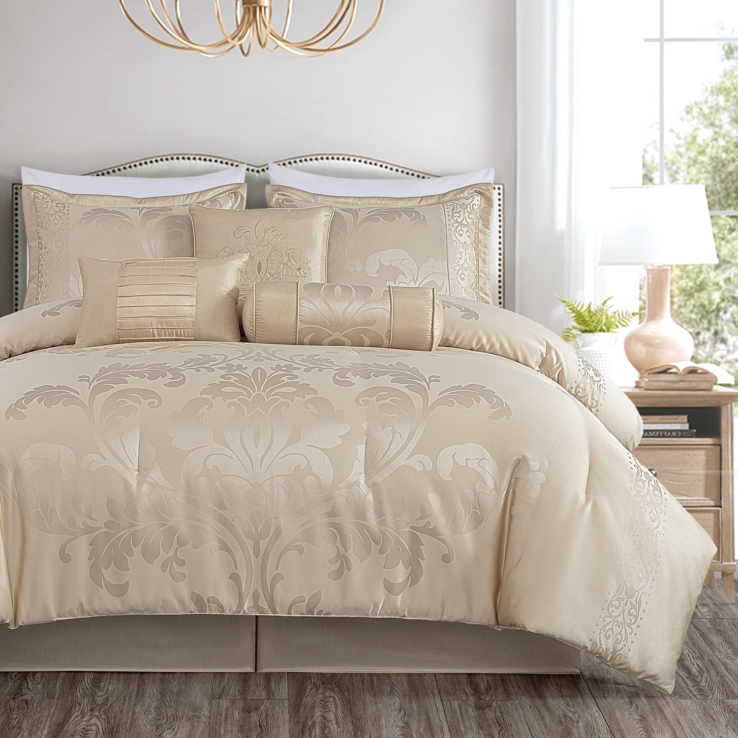 Chezmoi Collection Royale 7-Piece Jacquard Floral Comforter Set, Oversized Queen, Champagne