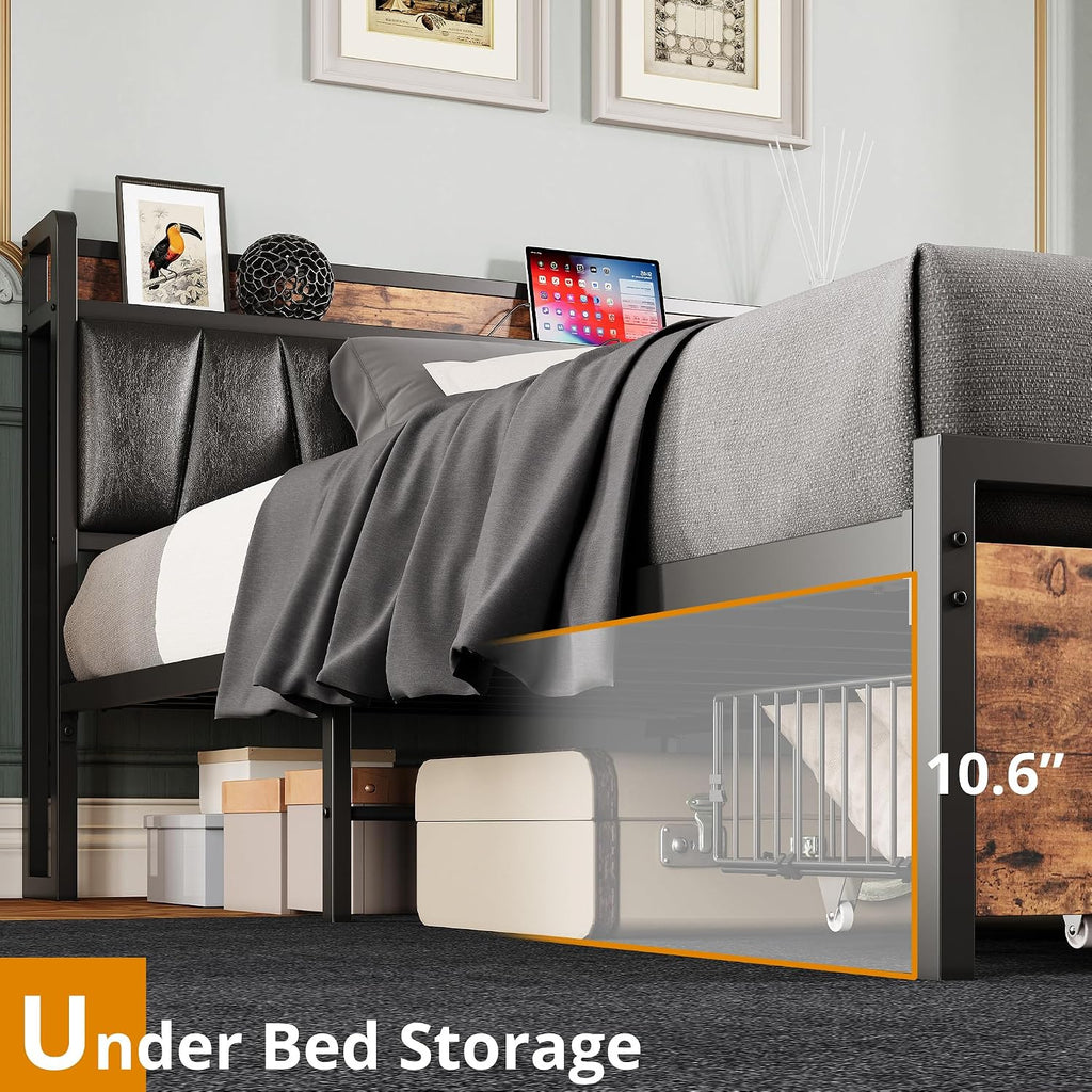 LIKIMIO California King Size Bed Frame, Storage Headboard with Charging Station, Platform Bed with Drawers, No Box Spring Needed, Easy Assembly, Vintage Brown and Black