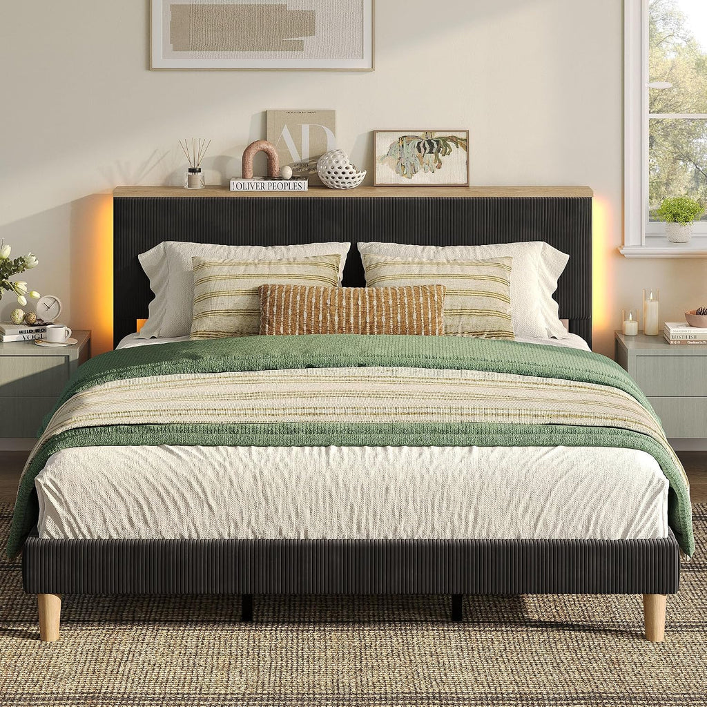 Bestier King Bed Frame with Adjustable Headboard & LED Lighting, Corduroy Upholstered Platform Bed Frame with Storage Shelf, Solid Wood Slats, No Box Spring Needed, Never Squeak, Easy Assembly, Black