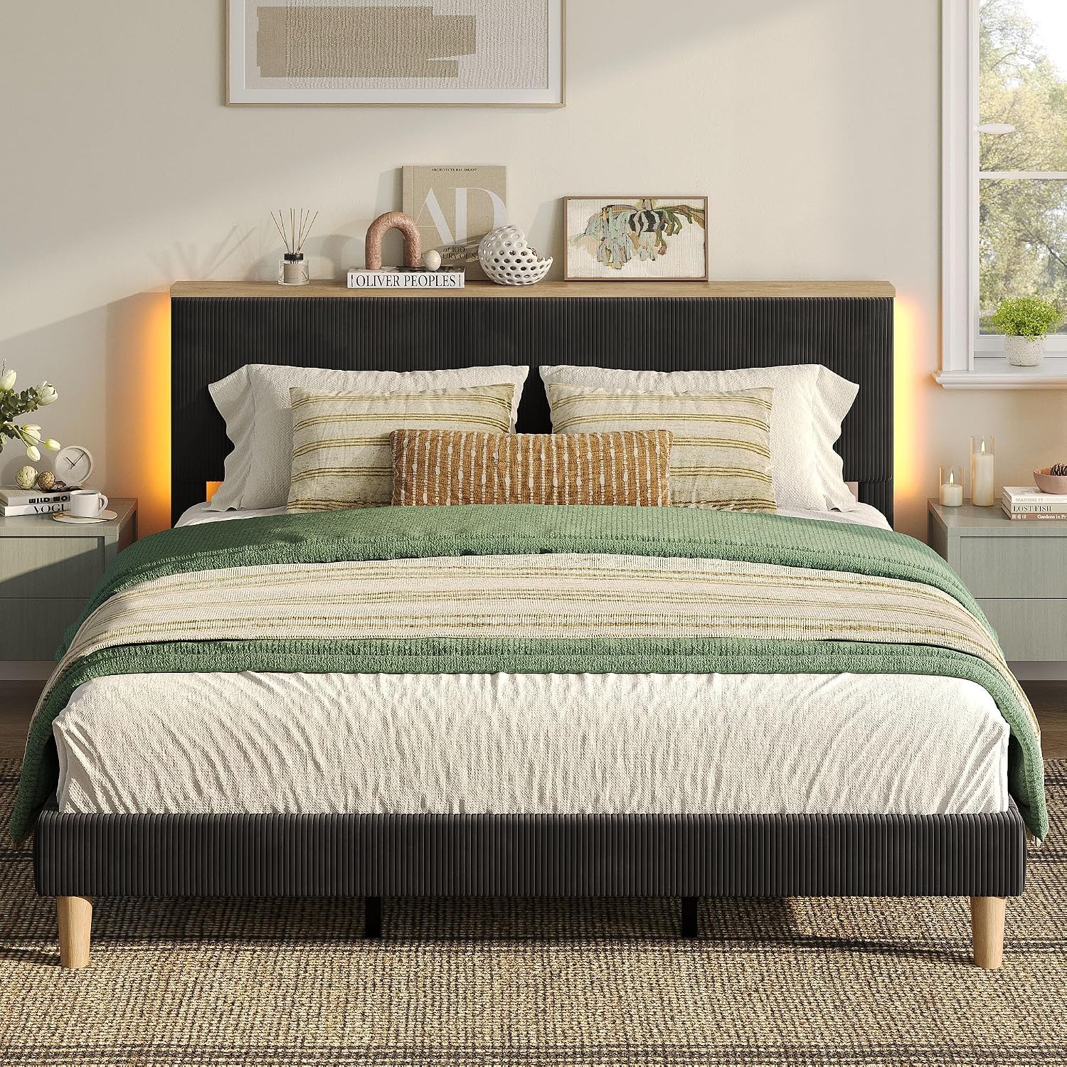 Bestier King Bed Frame with Adjustable Headboard & LED Lighting, Corduroy Upholstered Platform Bed Frame with Storage Shelf, Solid Wood Slats, No Box Spring Needed, Never Squeak, Easy Assembly, Black