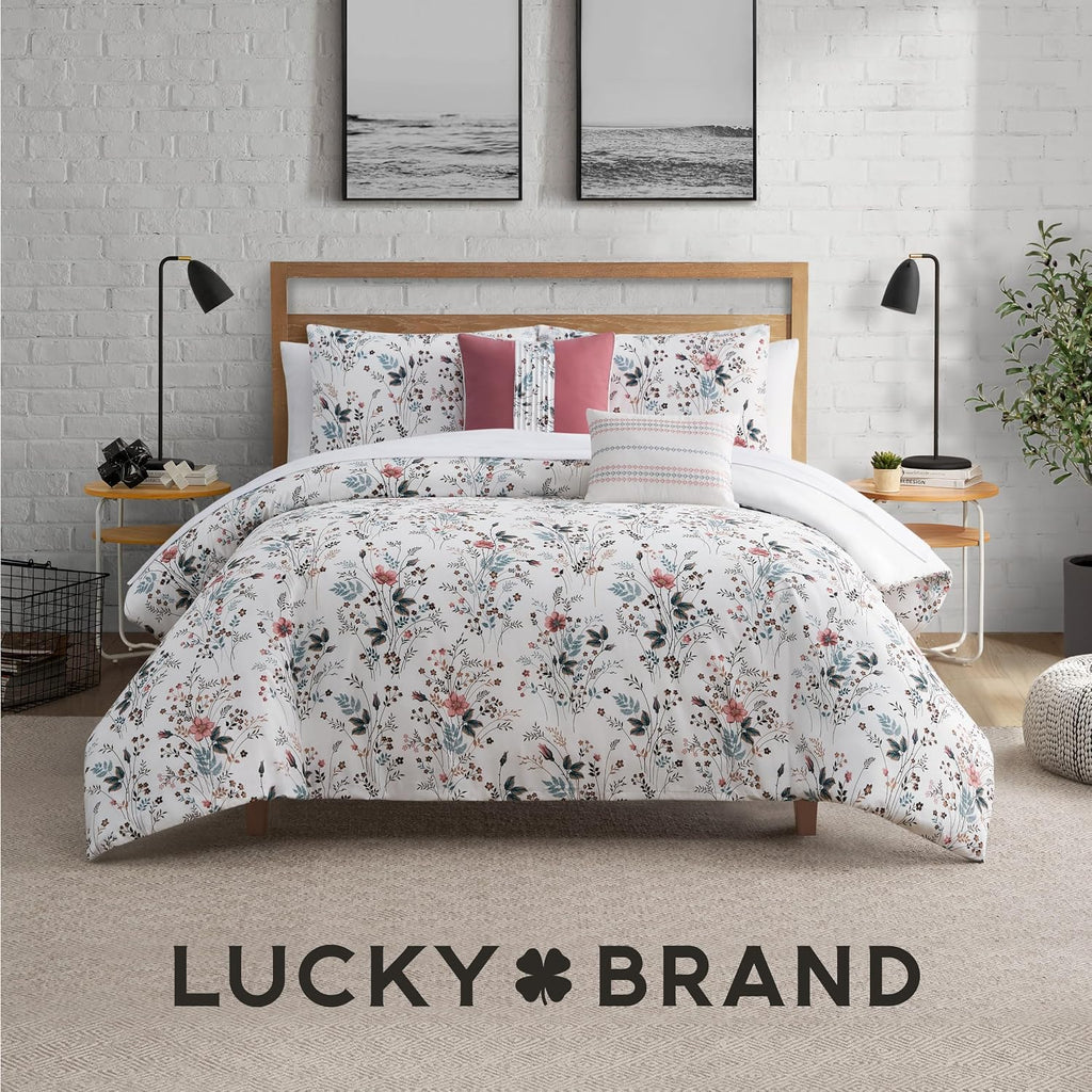 Lucky Brand Wildflower Beige Comforter Set with Pillows - Full/Queen Size - 5 Piece Luxurious Bedding Ensemble