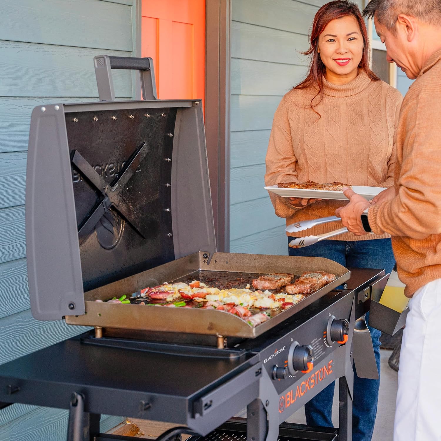 Blackstone 2311 Iron Forged 28' Omnivore Griddle with X-Braced Hood, Powder Coated Steel, Black