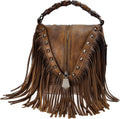 ZLYC Women's Leather Bamboo Hand Strap Featured Fringe Bohemian Tassel Studed Cross Body Bag