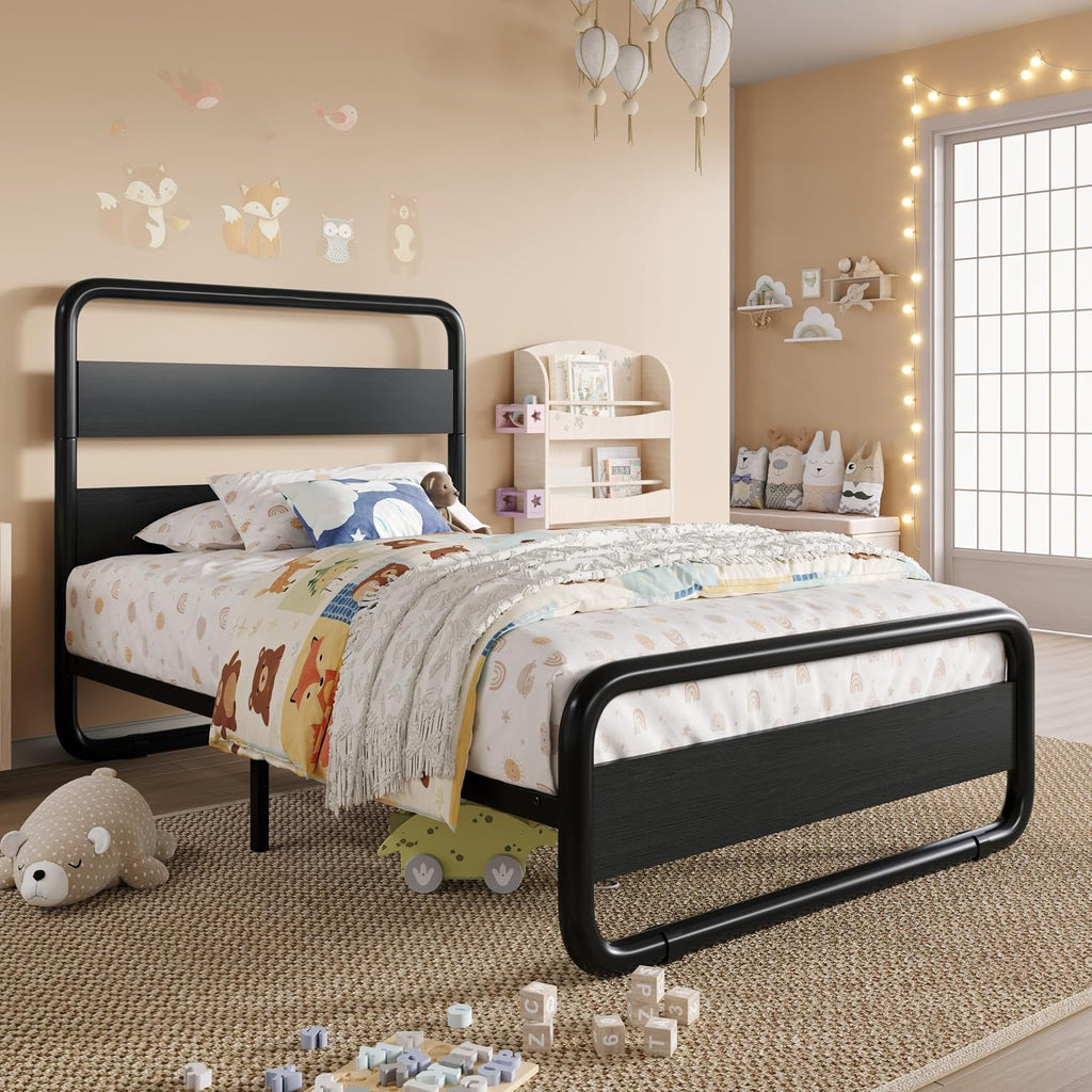 SHA CERLIN Twin Size Metal Bed Frame with Wooden Headboard and Footboard, Heavy Duty Oval-Shaped Platform Bed Frame with 10' Under-Bed Storage, Heavy Duty Slats Support, No Box Spring Needed, Black