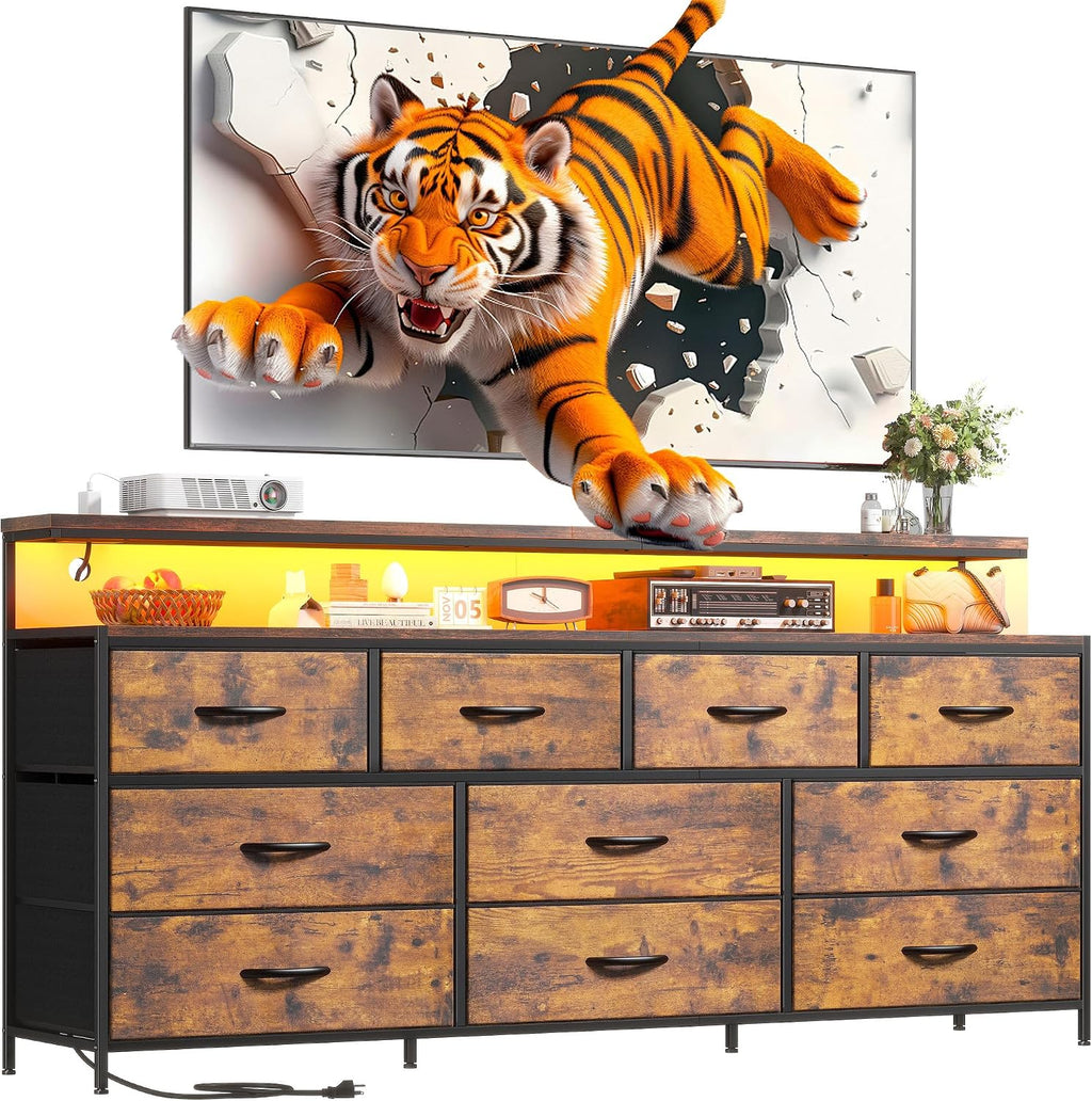 55' W Dresser for Bedroom with 10 Fabric Drawers Long Dresser with LED Lights & Power Outlets Wide Dressers & Chests of Drawers Large Organizer for Bedroom, Metal Frame, Wood Top, Rustic Brown