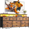 55' W Dresser for Bedroom with 10 Fabric Drawers Long Dresser with LED Lights & Power Outlets Wide Dressers & Chests of Drawers Large Organizer for Bedroom, Metal Frame, Wood Top, Rustic Brown