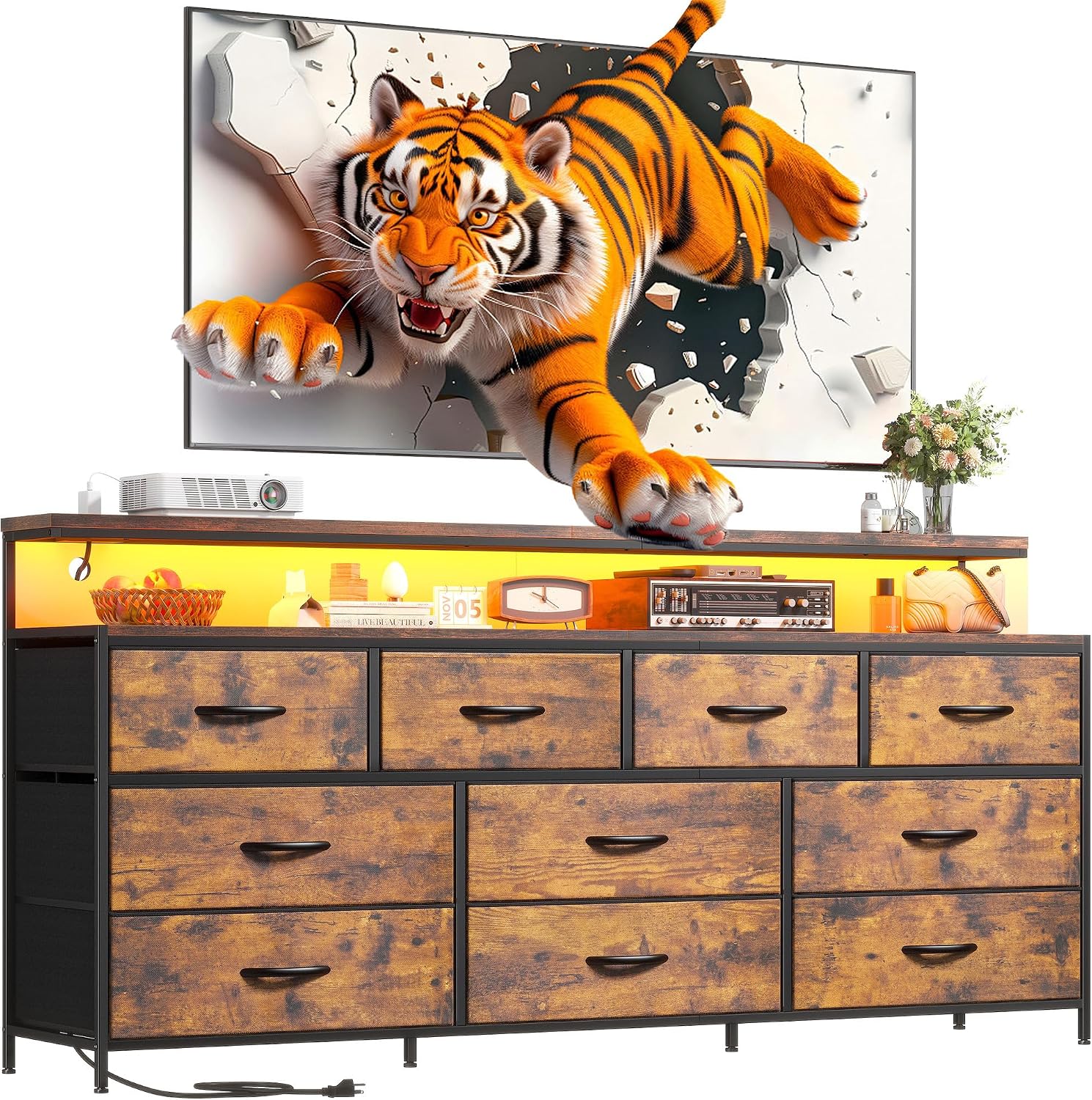 55' W Dresser for Bedroom with 10 Fabric Drawers Long Dresser with LED Lights & Power Outlets Wide Dressers & Chests of Drawers Large Organizer for Bedroom, Metal Frame, Wood Top, Rustic Brown