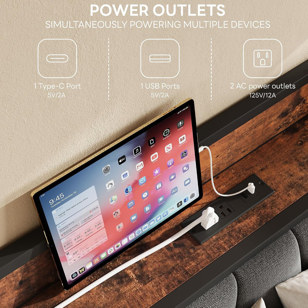 LIKIMIO Full Bed Frame, Storage Headboard with Charging Station, Solid and Stable, Noise Free, No Box Spring Needed, Easy Assembly