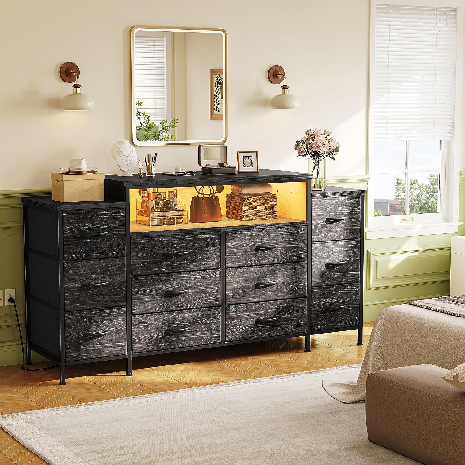EnHomee 55' W Dresser for Bedroom with LED Lights & Charging Station 12 Drawer Dressers & Chests of Drawers Dresser TV Stand for Bedroom for Hanging 65' TV, Metal Frame & Fabric Drawers, Black