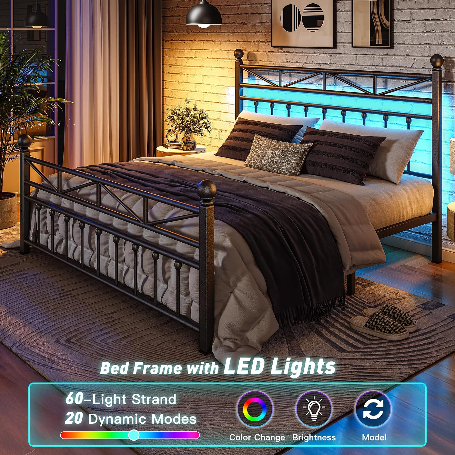 EnHomee 14.2' Metal Full Size Bed Frame with Tall Headboard & Footboard, LED Light Full Bed Frame, Strong Metal Slats Support and Noise-Free Design with Under Bed Storage/No Box Spring Needed/Black