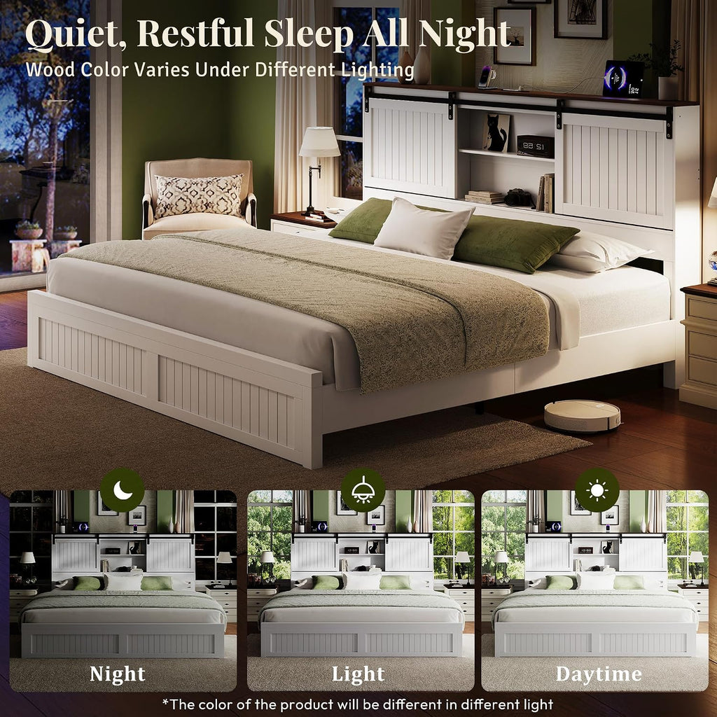 Queen Size Bed Frame with Storage, Sliding Barn Door, Farmhouse Wood Platform Bed with Reading Light and Charging Station, Wood Slats Support, Easy Assembly, Noise-Free, Antique White