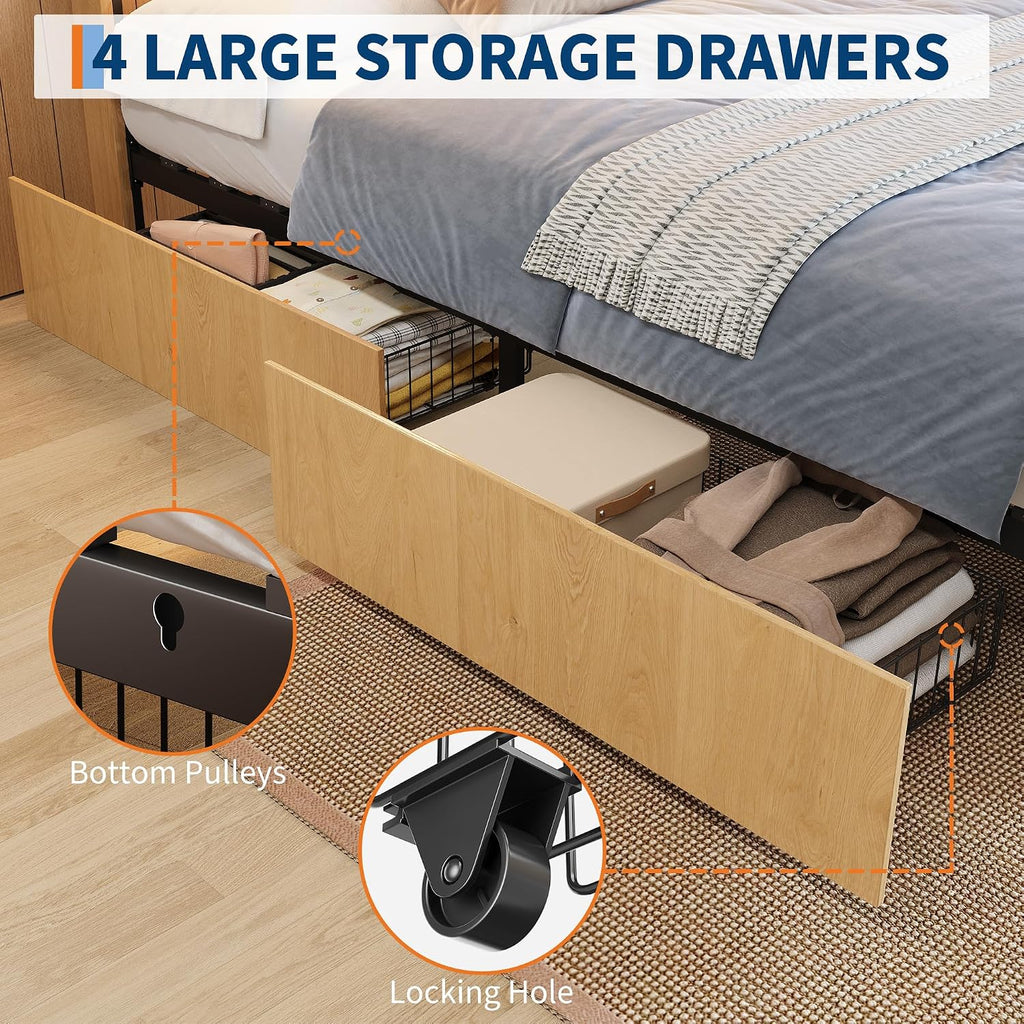 coucheta Rattan Bed Frame Full with Natural Rattan Headboard,Full Bed Frame with LED Lights,Rattan Full Bed Frame with Headboard, Wood Foundation with Silent Slats,No Box Spring Needed