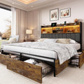 LARMACE King Bed Frame with 6 Storage Drawers, Bed Frame King Size with Linen Upholstered Headboard, Built in Charging Station and LED, No Noise, Metal Support, No Box Spring Needed,Vintage Brown