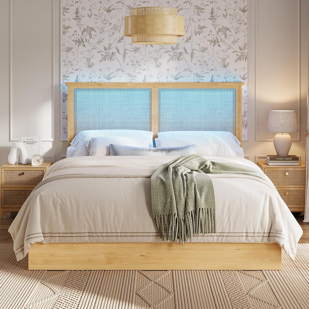 coucheta Rattan Bed Frame Queen with Natural Rattan Headboard,Queen Bed Frame with LED Lights,Rattan Queen Bed Frame with Headboard, Wood Foundation with Silent Slats,No Box Spring Needed