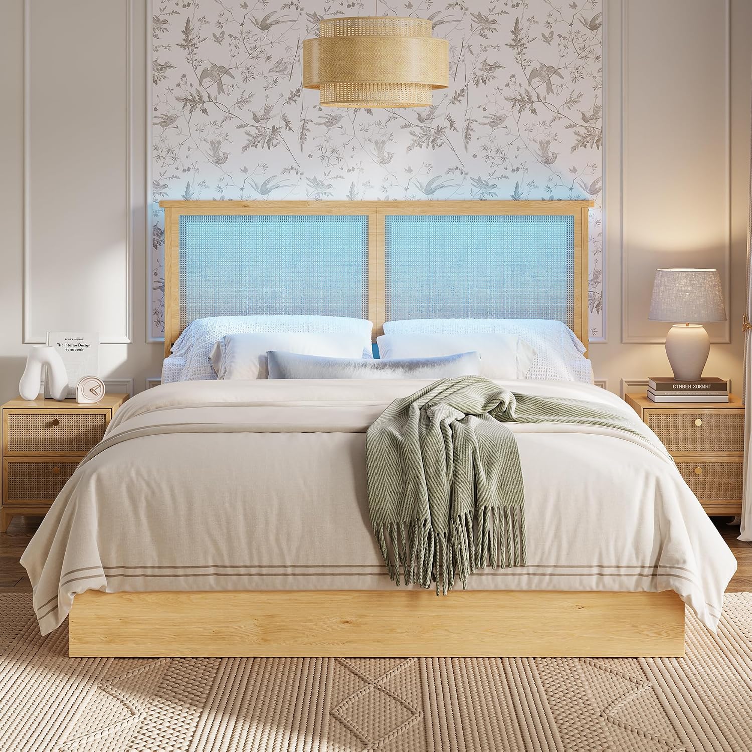 coucheta Rattan Bed Frame Queen with Natural Rattan Headboard,Queen Bed Frame with LED Lights,Rattan Queen Bed Frame with Headboard, Wood Foundation with Silent Slats,No Box Spring Needed