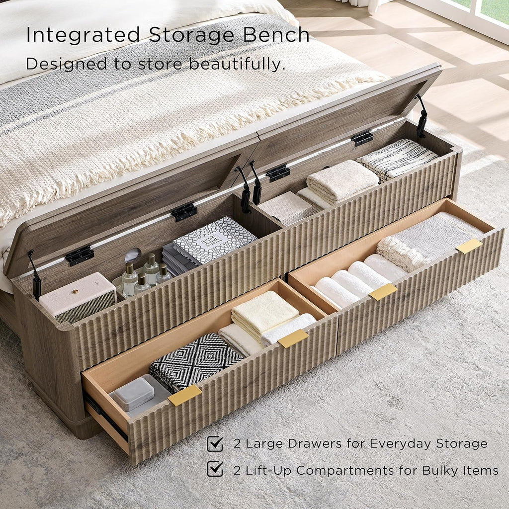 T4TREAM Fluted Queen Size Bed Frame with Wingback Headboard, Footboard Storage Bench with Built-in Drawers & Lift-Up Compartments, Wood & Steel Platform Bed, No Box Spring Needed, Grey Alder