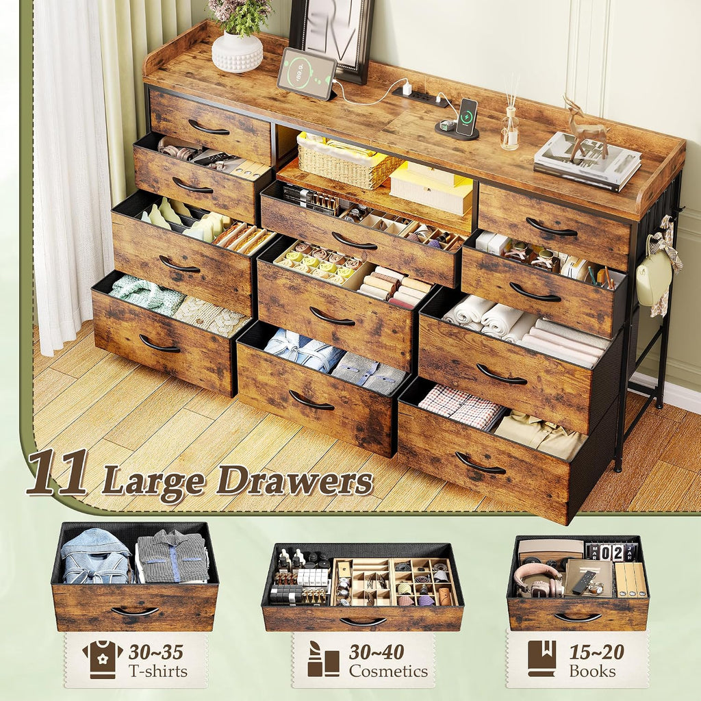 Dresser for Bedroom with LED Lights & Charging Station & 4 Hooks 11 Drawer Dressers & Chests of Drawers Long Fabric Dresser TV Stand for 60 inch TV for Entryway 11.8'D x 47.2'W x 31.5'H Rustic Brown