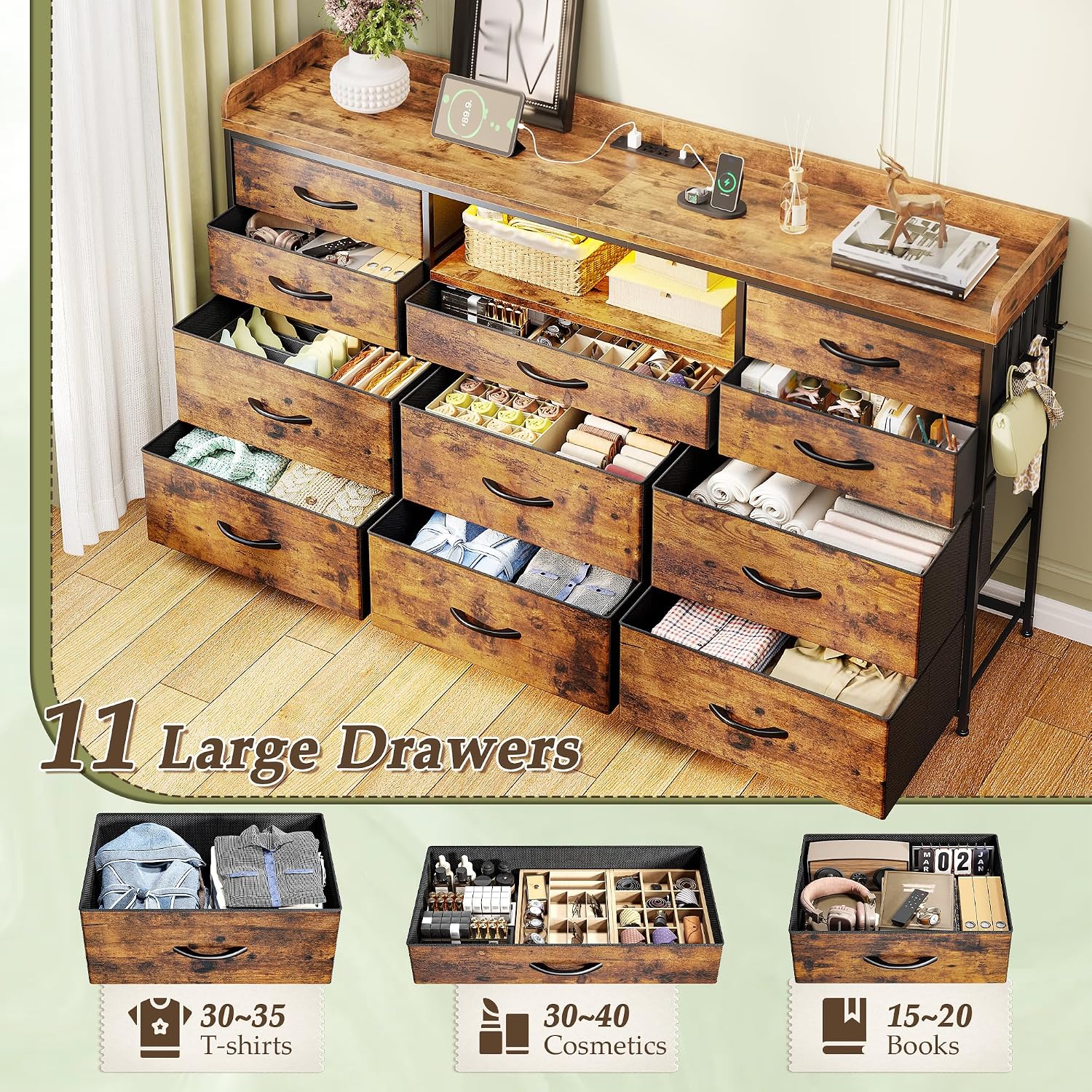 Dresser for Bedroom with LED Lights & Charging Station & 4 Hooks 11 Drawer Dressers & Chests of Drawers Long Fabric Dresser TV Stand for 60 inch TV for Entryway 11.8'D x 47.2'W x 31.5'H Rustic Brown