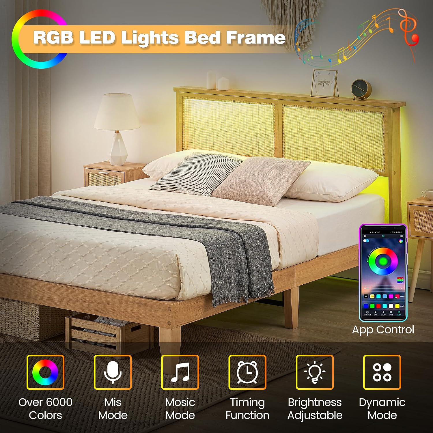 IDEALHOUSE Rattan Bed Frame Twin Size with Natural Rattan Headboard & LED Lights, Wood Twin Bed Frame with Solid Wood Foundation, No Box Spring Needed, Natural