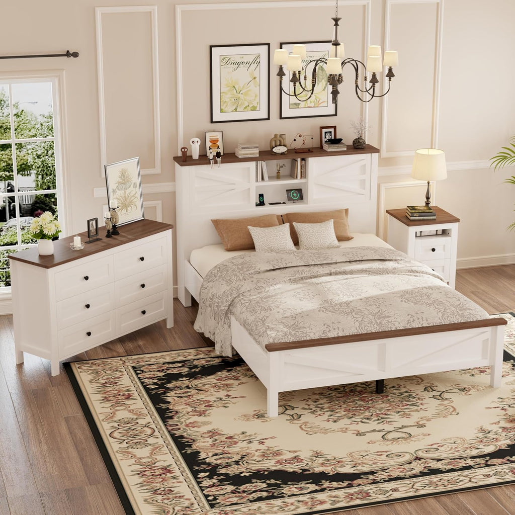 LUMISOL 3-Piece Queen Size Bedroom Set, Wood Platform Bed with Barn Door Storage Headboard & Charging Stations, Nightstand and Dresser, Farmhouse Bedroom Furniture Set, White