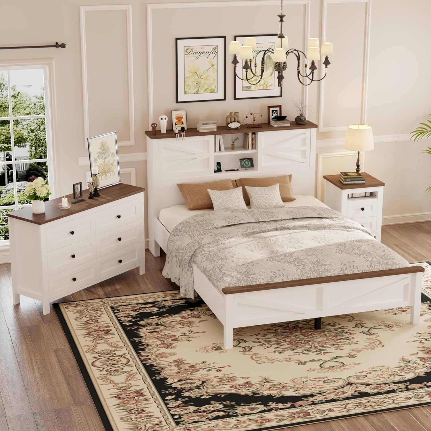 LUMISOL 3-Piece Queen Size Bedroom Set, Wood Platform Bed with Barn Door Storage Headboard & Charging Stations, Nightstand and Dresser, Farmhouse Bedroom Furniture Set, White