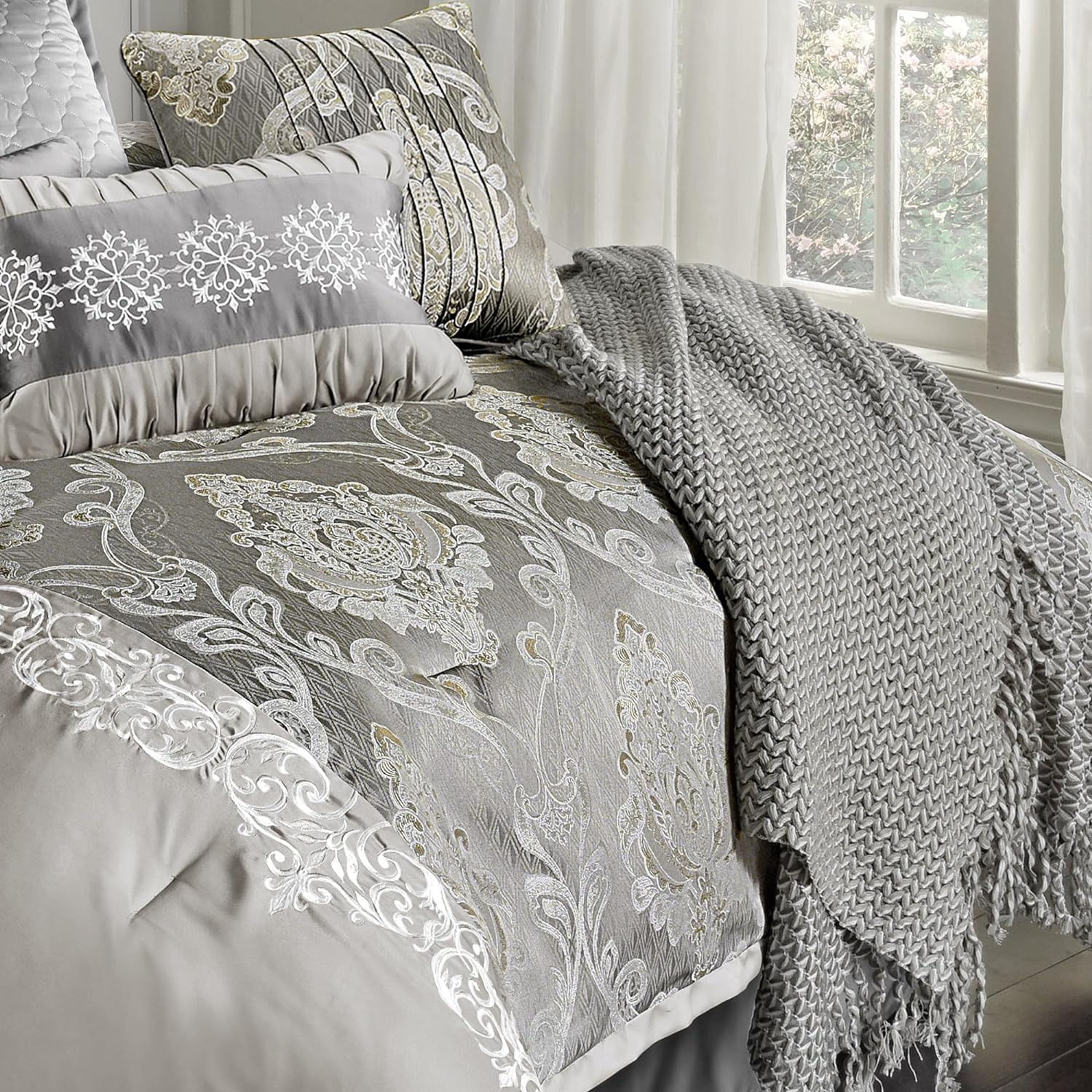 Riverbrook Home Elegant Collection Comforter Set, King, Kacee - Platinum, 12-Piece Set