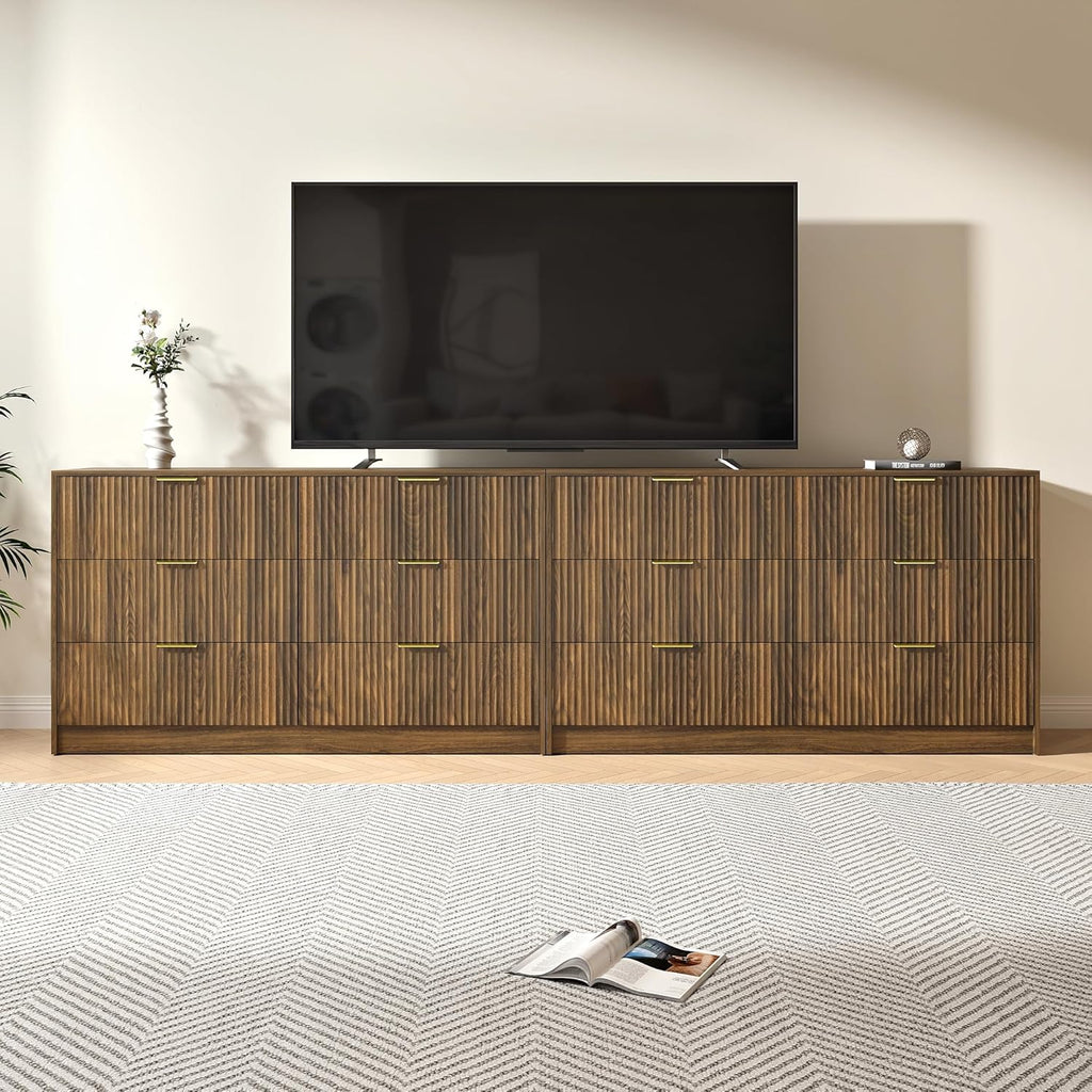 Walnut Dresser Set of 2, Long Dresser for Bedroom Wooden with 12 Drawers, Fluted Modern Bedroom Furniture Set, TV Stand Dressers & Chests of Drawers for Closet (15.7'D x 110.2'W x 31.8'H)