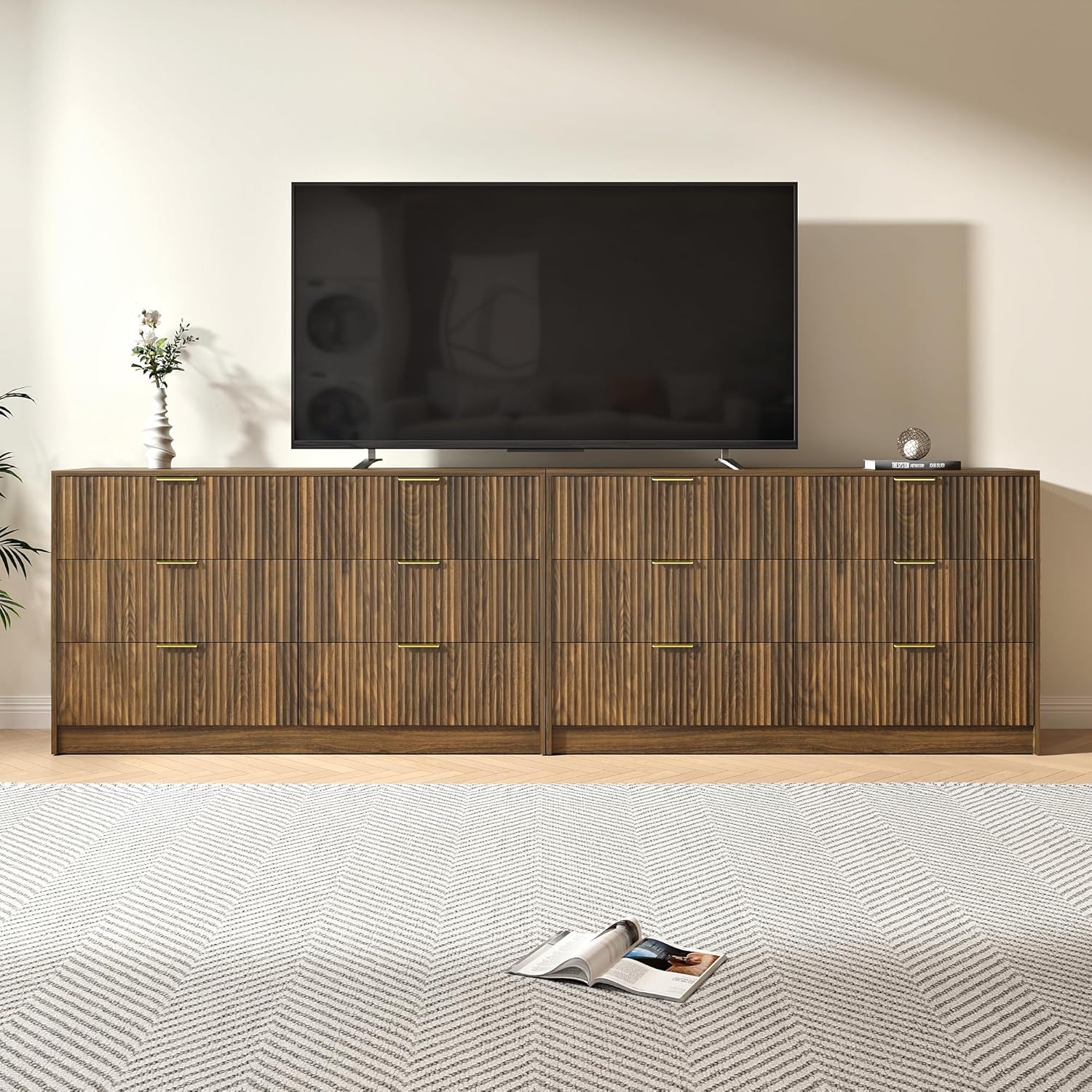 Walnut Dresser Set of 2, Long Dresser for Bedroom Wooden with 12 Drawers, Fluted Modern Bedroom Furniture Set, TV Stand Dressers & Chests of Drawers for Closet (15.7'D x 110.2'W x 31.8'H)