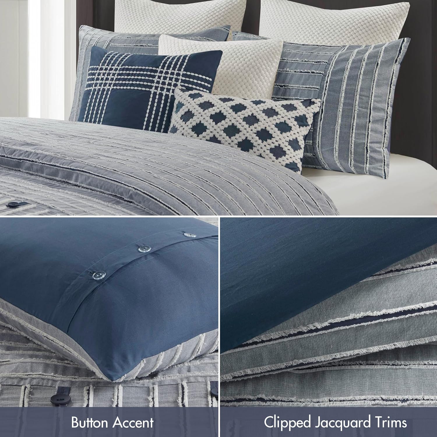 Madison Park Queen Comforter Cotton Clipped Jacquard, Oversized Comforters Queen Size Bed, All Season Down Alternative Overfilled Queen Size Comforter, Essence, Full/Queen, Blue 8 Piece