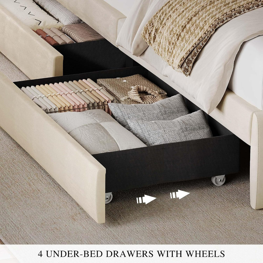 YITAHOME Full Size Bed Frame with Adjustable Headboard, 4 Storage Drawers and Charging Station, Velvet Upholstered Bed Frame with Button Tufted, No Box Spring Needed, Fast Assembly, Noise-Free, Beige