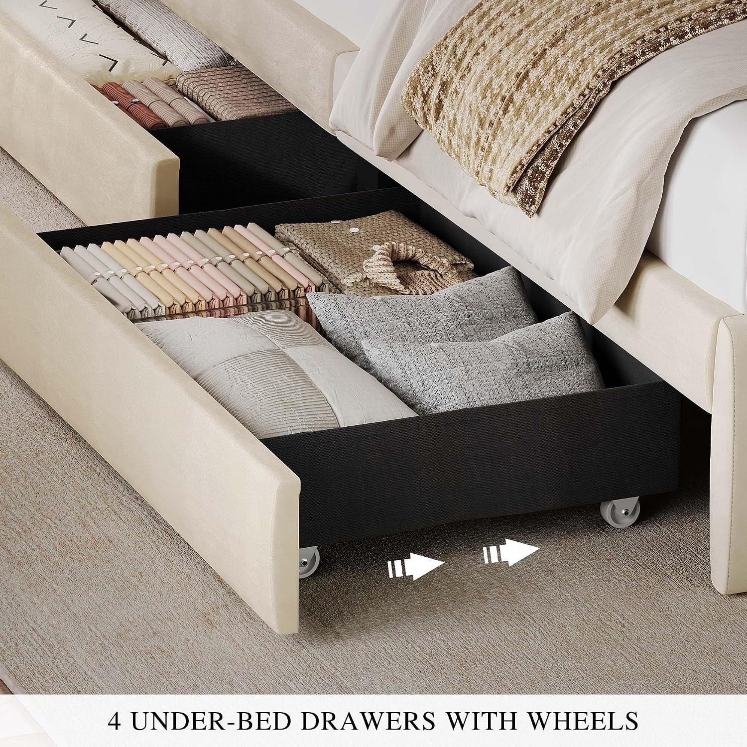 YITAHOME Full Size Bed Frame with Adjustable Headboard, 4 Storage Drawers and Charging Station, Velvet Upholstered Bed Frame with Button Tufted, No Box Spring Needed, Fast Assembly, Noise-Free, Beige