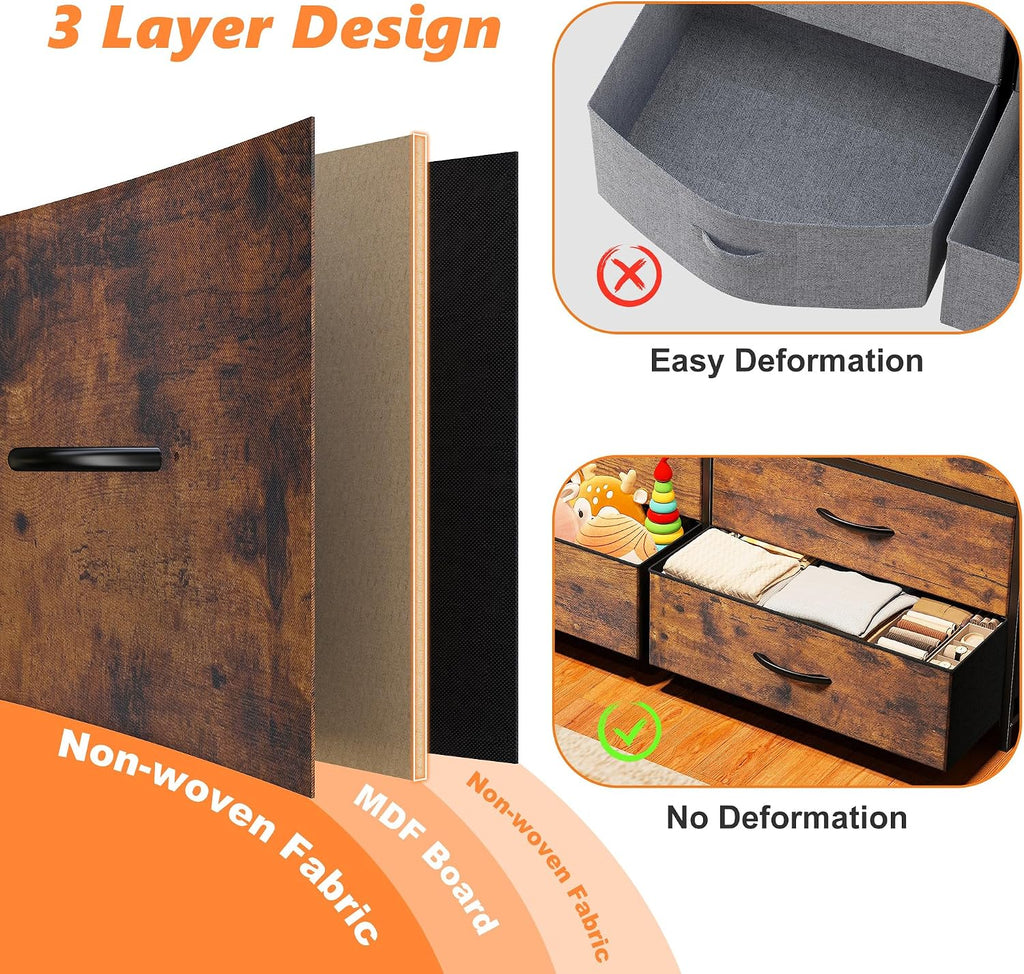 55' W Dresser for Bedroom with 10 Fabric Drawers Long Dresser with LED Lights & Power Outlets Wide Dressers & Chests of Drawers Large Organizer for Bedroom, Metal Frame, Wood Top, Rustic Brown