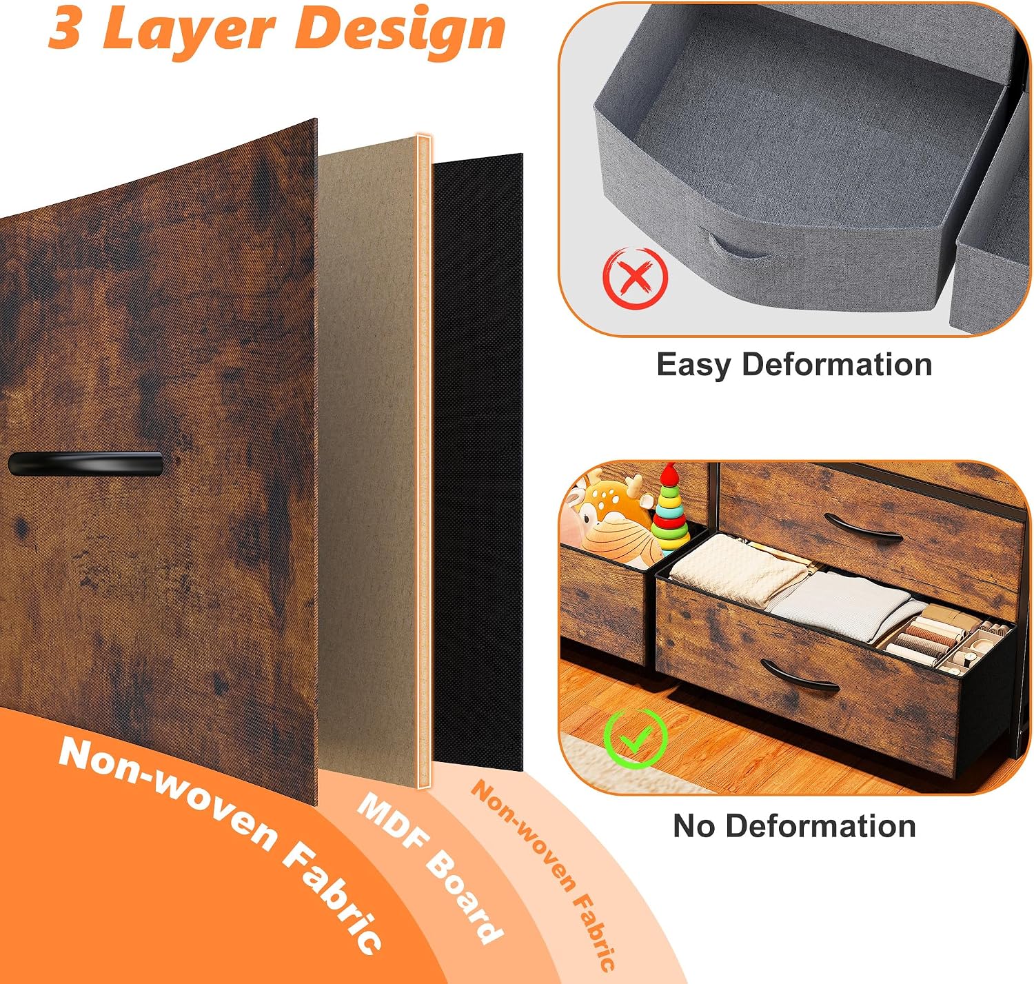 55' W Dresser for Bedroom with 10 Fabric Drawers Long Dresser with LED Lights & Power Outlets Wide Dressers & Chests of Drawers Large Organizer for Bedroom, Metal Frame, Wood Top, Rustic Brown
