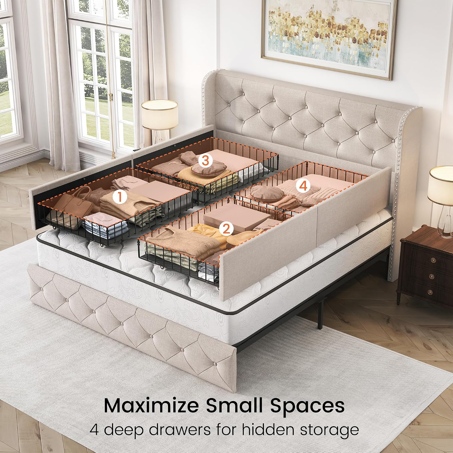 LARMACE Full Size Bed Frame with 4 Storage Drawers and Wingback Headboard Linen Upholstered Platform Bed Frame Tufted Beds with Wooden Slats Support, Easy Assembly, Beige