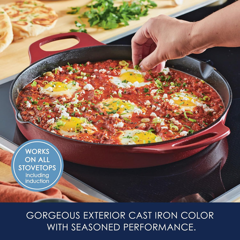 Rachael Ray Nitro Cast Iron Skillet with Side Handles, 14 Inch, Red
