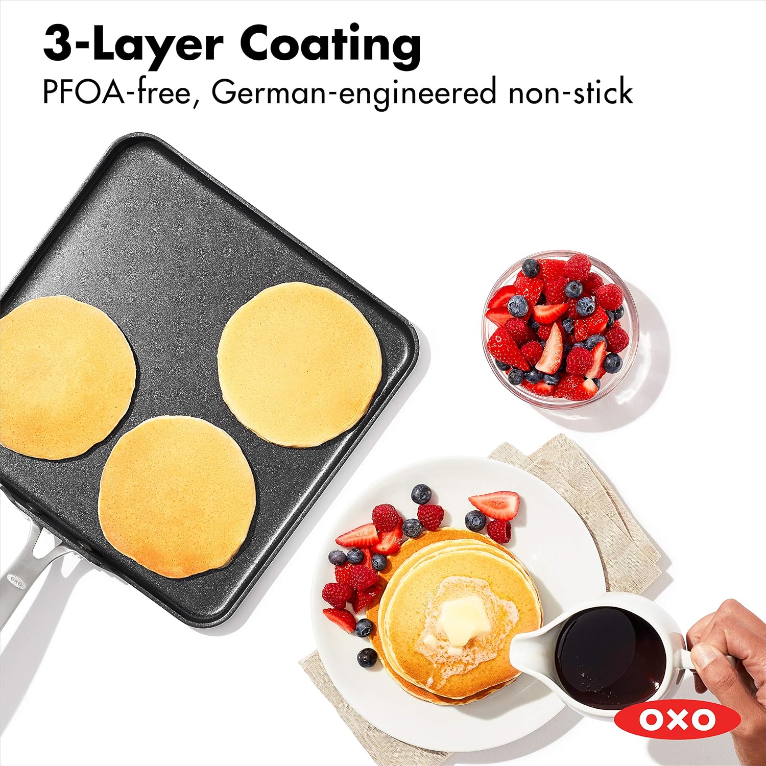 OXO Enhanced 11' Square Griddle Pan and 10' Frying Pan Skillet, PFAS & PFOA-Free, Healthy Ceramic Nonstick, Durable Hard Anodized Cookware, Stainless Steel Handle, Dishwasher & Oven Safe, Black