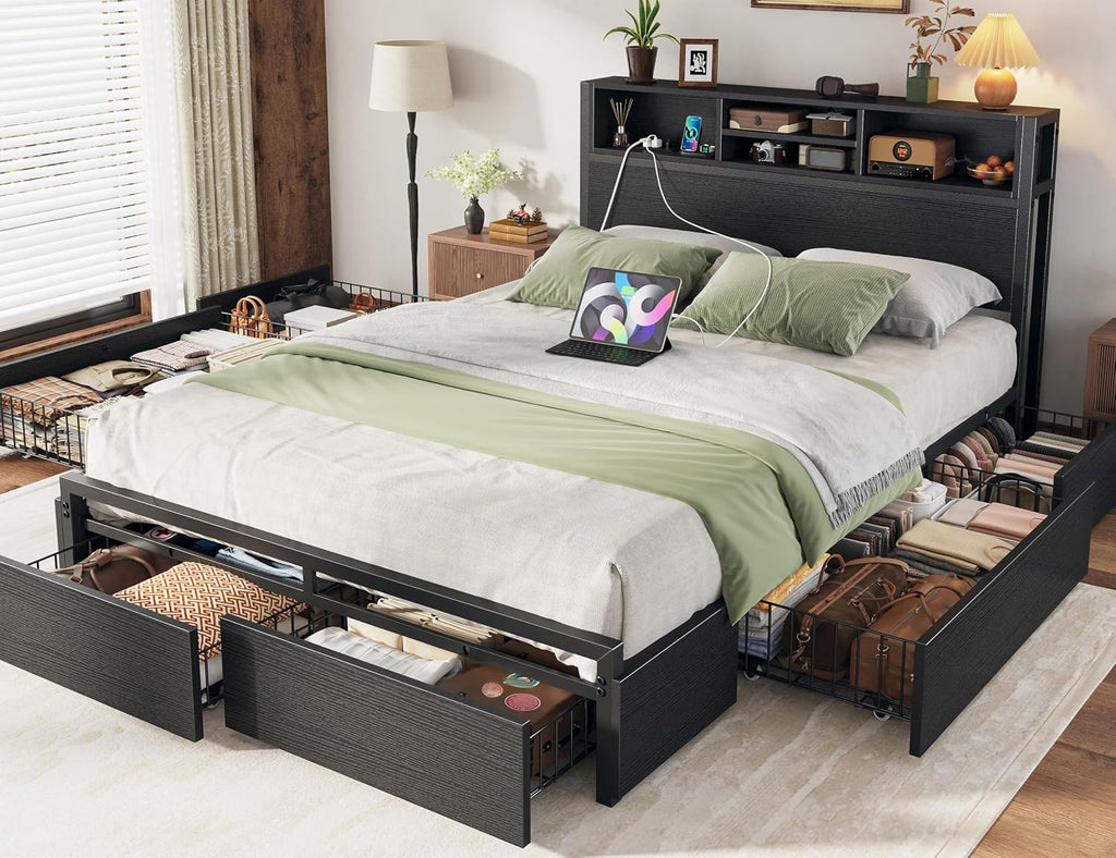 EnHomee Full Size Bed Frame with 6 Storage Drawers, Headboard & Charging Station, Noise-Free Metal Platform Bed, No Box Spring Needed,Black