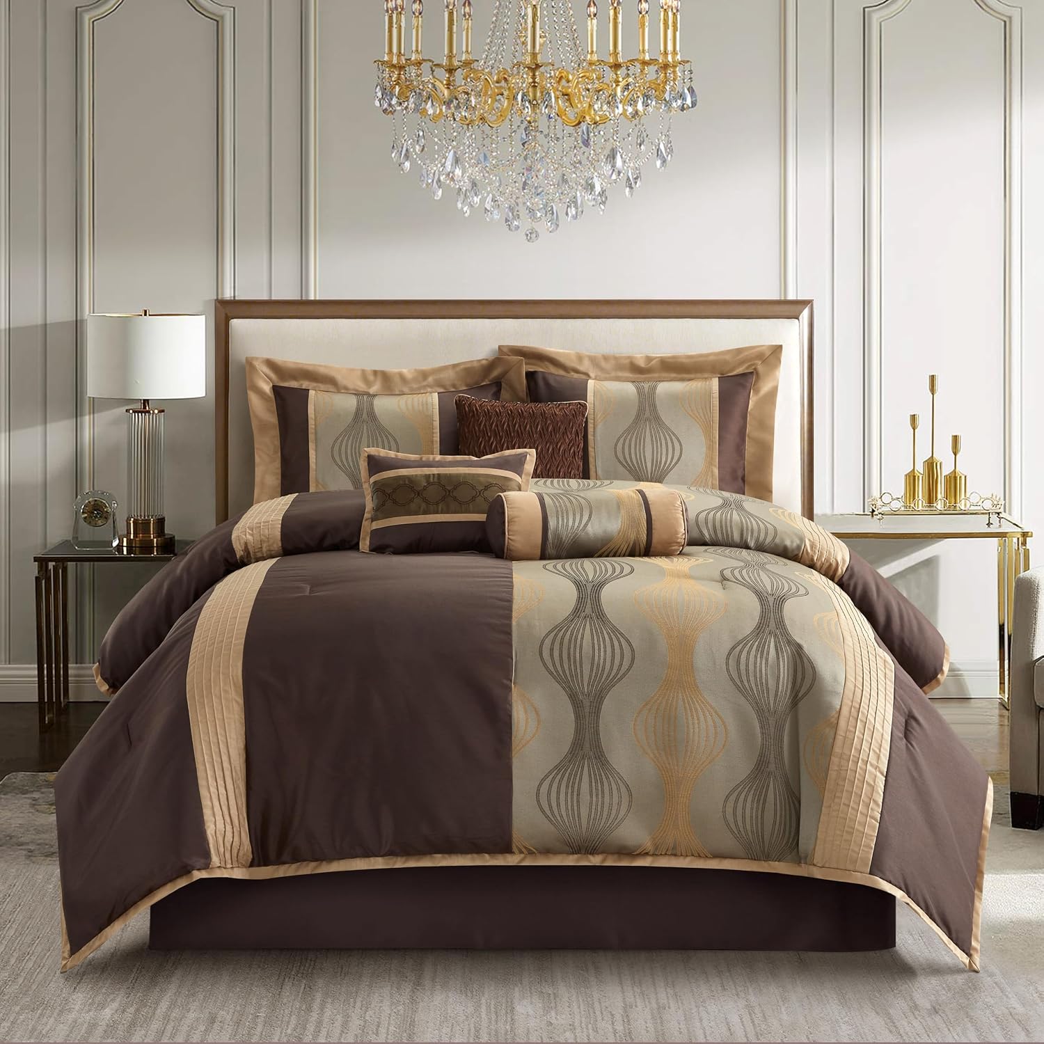 Stratford Park Elegant Brown Comforter Set King 7 Piece Bed in a Bag, Striped, Jacquard Bedding Set All Season, Matching Decorative Pillows, Pillow Sham