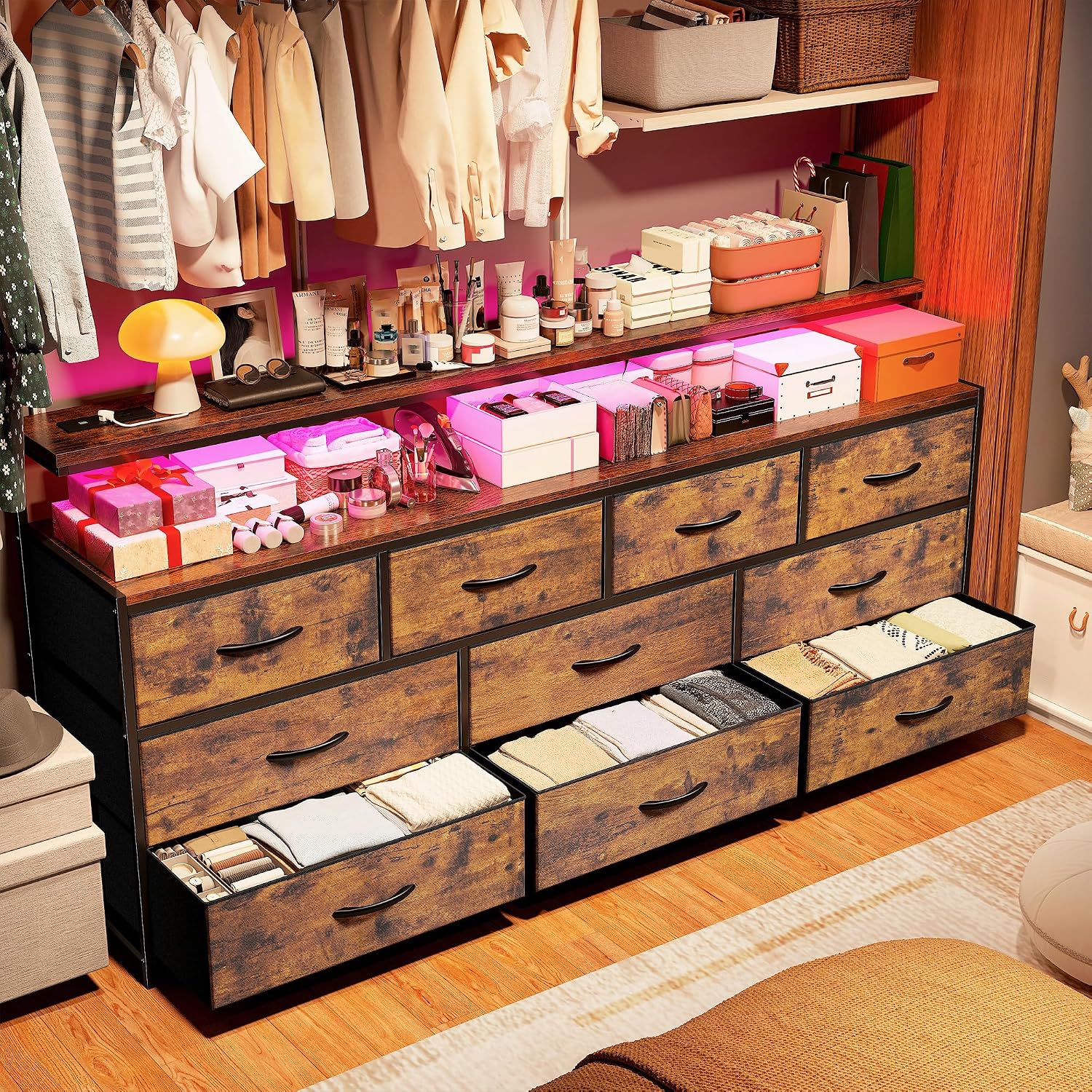 55' W Dresser for Bedroom with 10 Fabric Drawers Long Dresser with LED Lights & Power Outlets Wide Dressers & Chests of Drawers Large Organizer for Bedroom, Metal Frame, Wood Top, Rustic Brown