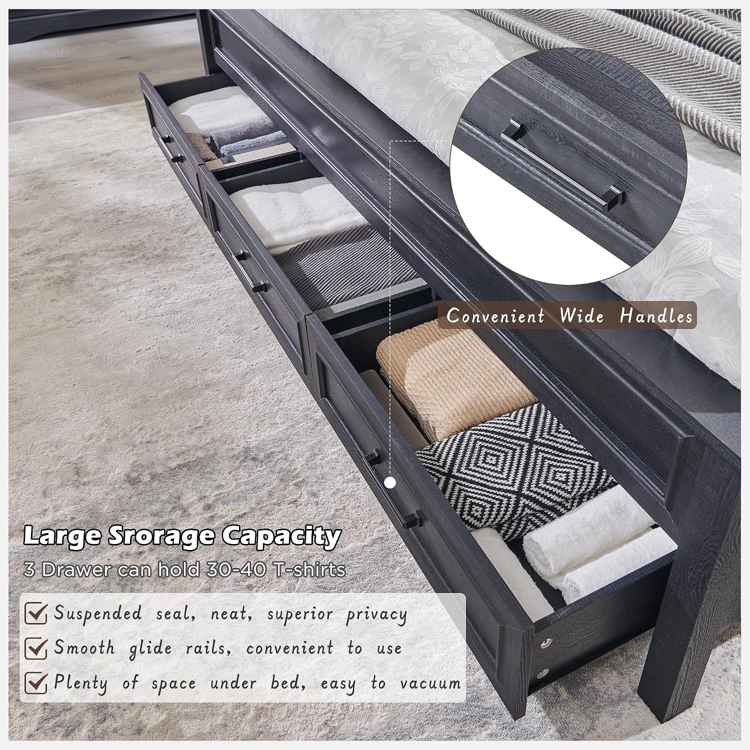 ACCOHOHO Farmhouse Queen Size Bed Frame with 52' Tall Headboard, Wood Platform Bedframe with Footboard and Storage Drawers, No Squeak, No Box Spring Needed, Black