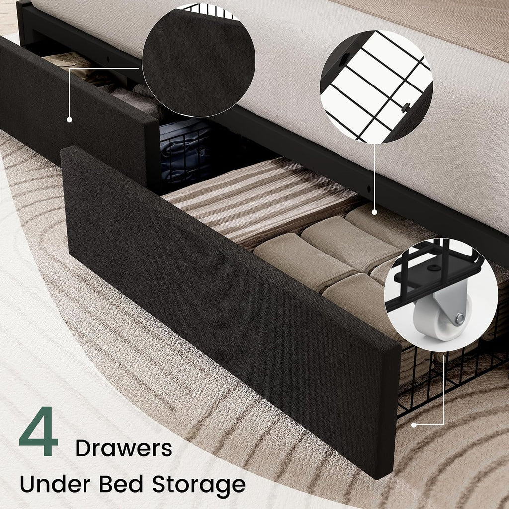 LARMACE King Size Bed Frame with 4 Storage Drawers and Wingback Headboard Velvet Upholstered Platform Bed Frame with Wooden Slats, Easy Assembly, Black