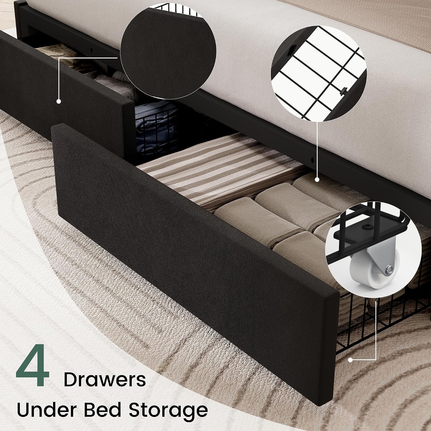 LARMACE King Size Bed Frame with 4 Storage Drawers and Wingback Headboard Velvet Upholstered Platform Bed Frame with Wooden Slats, Easy Assembly, Black