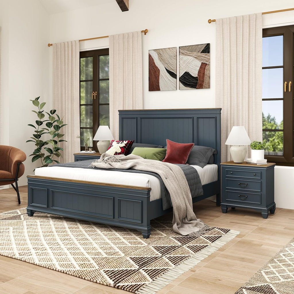 Roundhill Furniture Riverton Wood Bedroom Set with Shiplap Panel King Bed, Dresser, Mirror, Two Nightstands, and Chest in Slate Blue