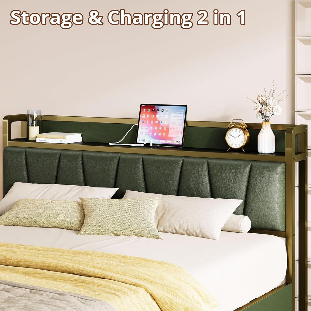 LIKIMIO Queen Bed Frame with 4 Storage Drawers, Platform Bed with Charged Headboard, Sturdy and Stable, No Noise, No Box Spring Needed, Easy to Install, Dark Green