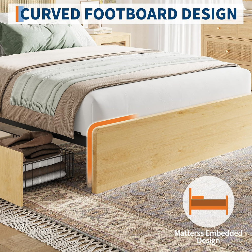 coucheta Rattan Bed Frame Queen with Natural Rattan Headboard,Queen Bed Frame with LED Lights,Rattan Queen Bed Frame with Headboard, Wood Foundation with Silent Slats,No Box Spring Needed