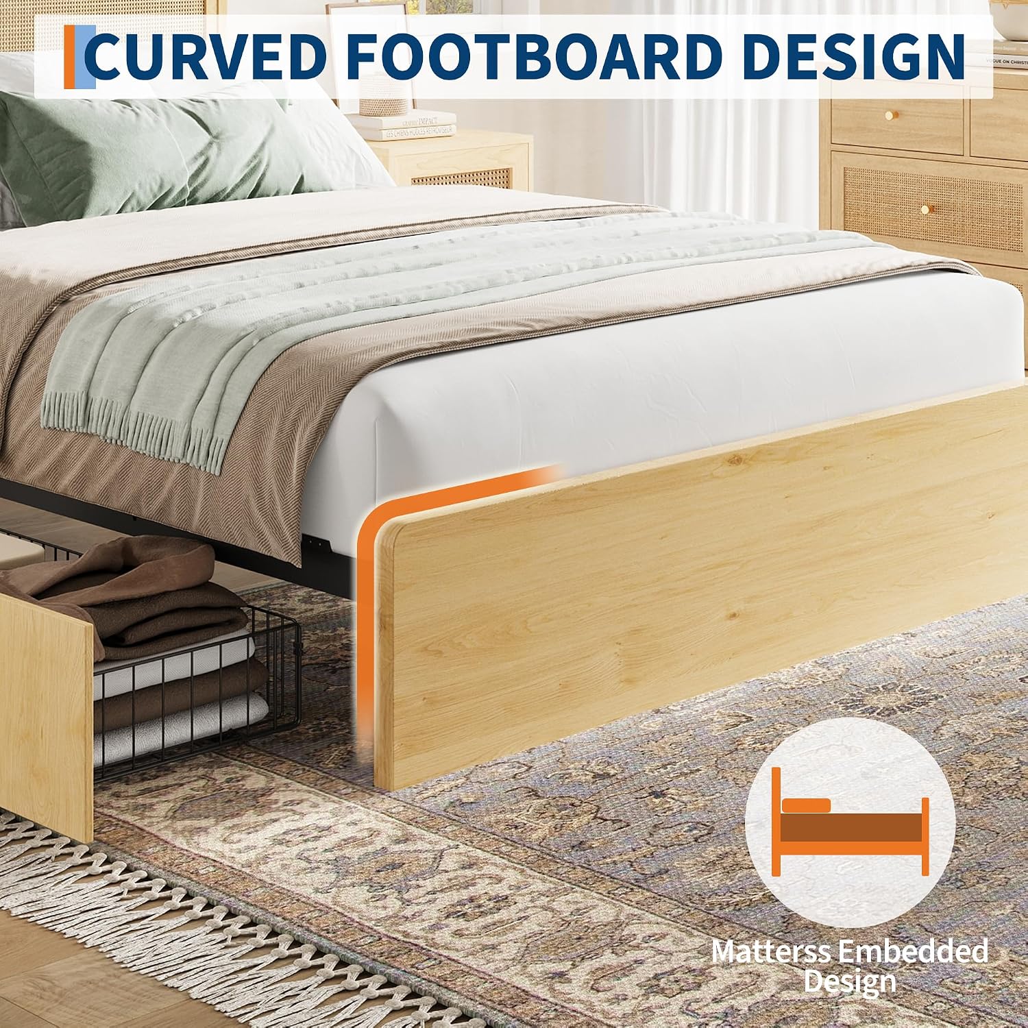 coucheta Rattan Bed Frame Queen with Natural Rattan Headboard,Queen Bed Frame with LED Lights,Rattan Queen Bed Frame with Headboard, Wood Foundation with Silent Slats,No Box Spring Needed