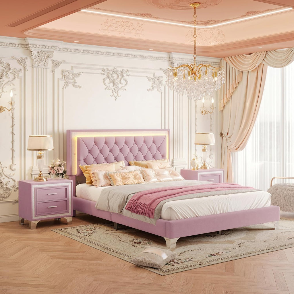 Flieks Bedroom Sets, 3-Pieces Bedroom Sets, Queen Size Upholstered Platform Bed with LED Lights and 2 Nightstands, Pink